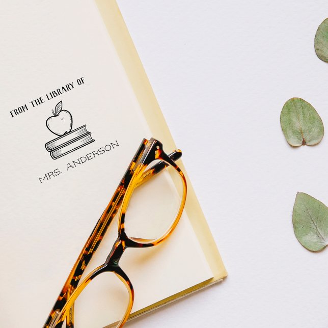 Tampon Auto-encreur Rustique Beau Enseignant Apple De La Bibliothèque  (Créateur téléchargé)