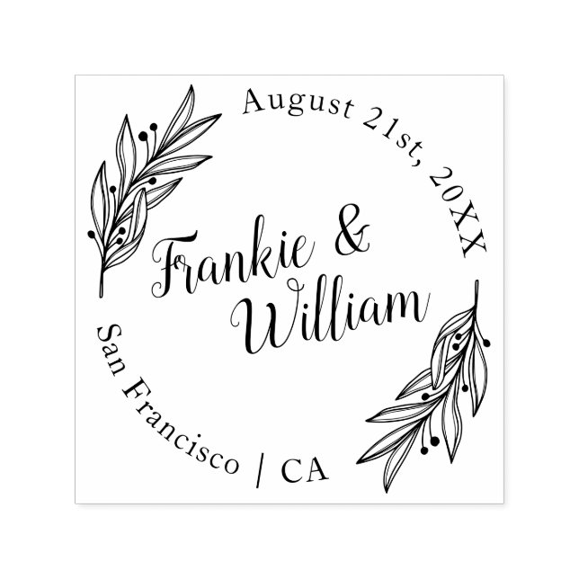 Tampon Auto-encreur Script personnalisé et Feuilles élégants | Mariage (Design)