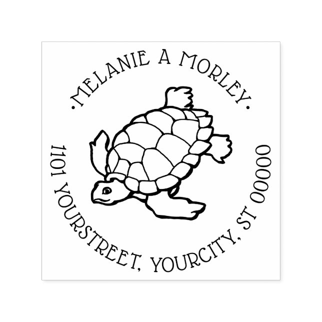 Tampon Auto-encreur Sea Turtle Drawing Beach Ocean Round Nom Adresse (Design)