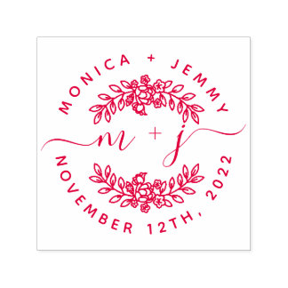 Tampon Auto-encreur Simple Custom Leaves Initials Script Round Wedding