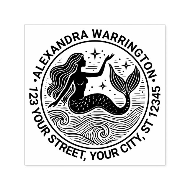 Tampon Auto-encreur Sirène sulfureuse dans les vagues d'océan Nom Adre (Design)