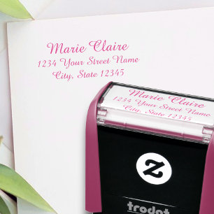 Tampon Auto-encreur Timbre rose auto-encastré avec nom et adresse pour