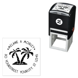 Tampon Auto-encreur Tropical Palm Trees Beach Round Name Adresse #2