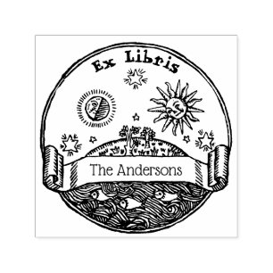 Tampon Auto-encreur Vintage Sun Moon Stars Ocean Earth Ex Libris