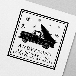 Tampon Auto-encreur Vintage Truck Christmas Tree Adresse de vacances