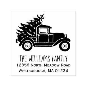 Tampon Auto-encreur Vintage Truck Christmas Tree Family Adresse de ret