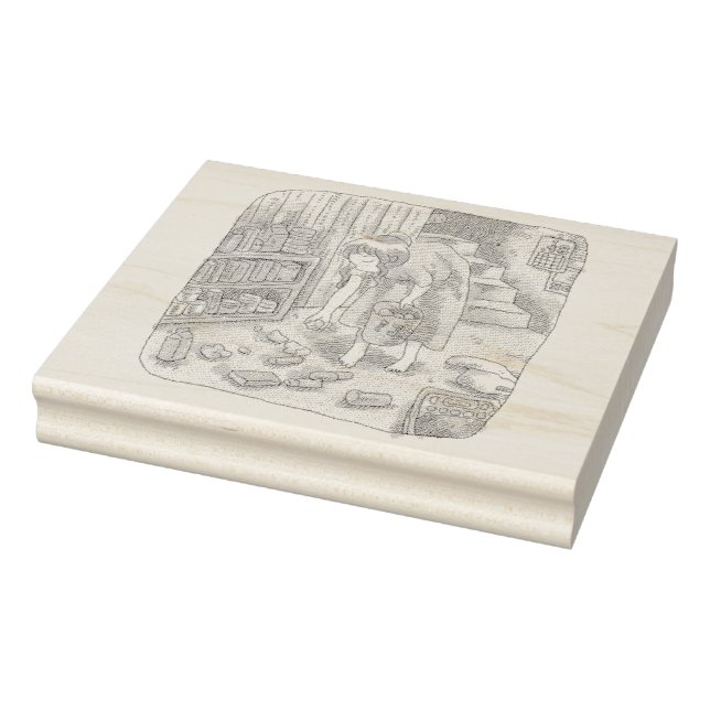 TAMPONS ENCREURS さなささじ  部屋の階段わきで屈んでたくさん落ちているゴミを拾う女性のイラスト (Tampon)