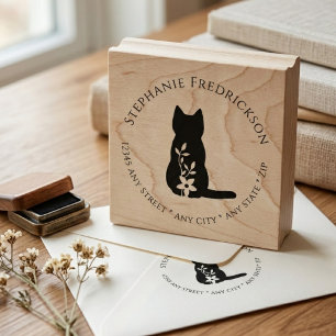 Tampons Encreurs Adresse de Retour Chat Silhouette Florale Cadeau d