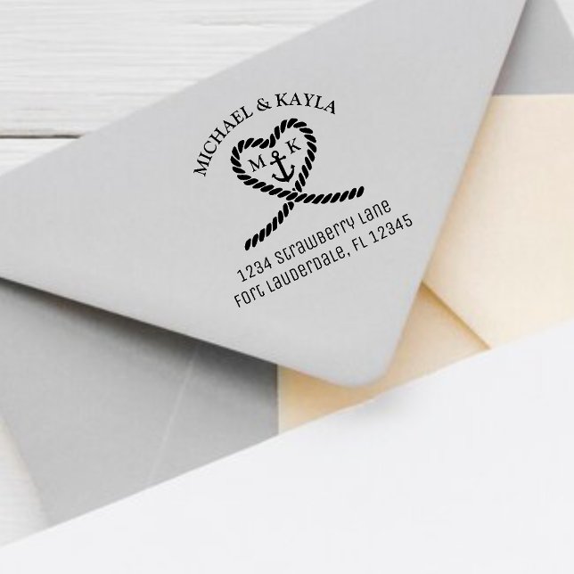 Tampons Encreurs Ancre de coeur de corde Monogramme Mariage Adresse (Rope Heart Anchor Monogram Wedding Return Address Rubber Stamp)