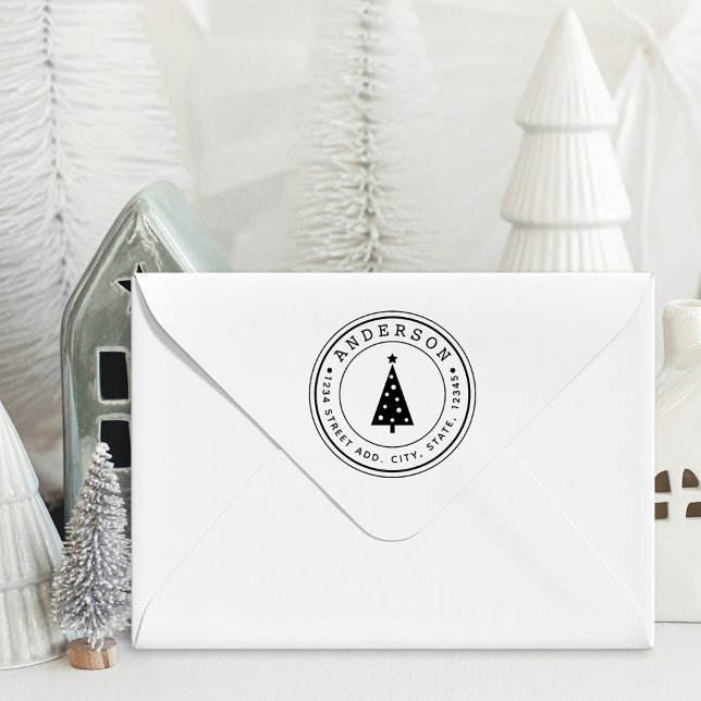 Tampons Encreurs Arbre de Noël moderne Nom de famille Adresse circu (Créateur téléchargé)