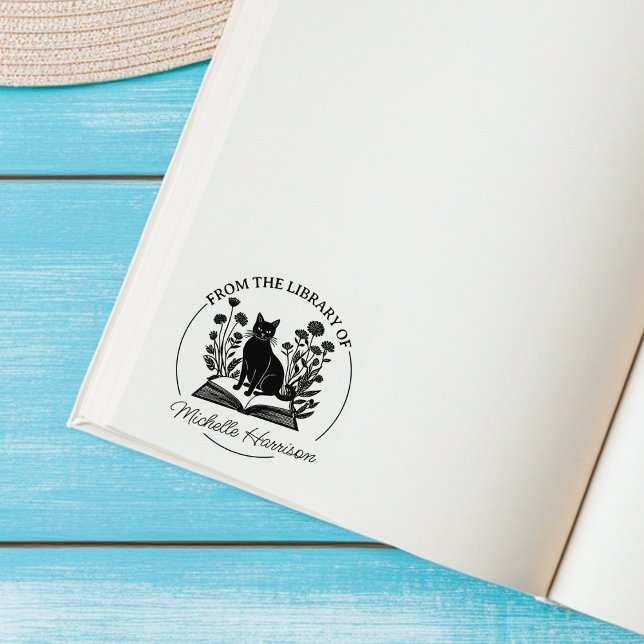 Tampons Encreurs Bibliothèque florale personnalisée Livre Chat  (Créateur téléchargé)