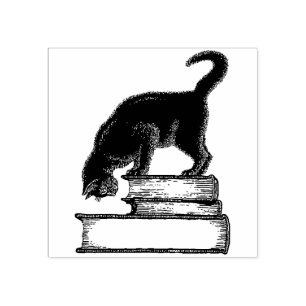 Tampons Encreurs Chat noir sur les livres Timbre en caoutchouc