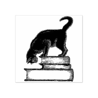 Tampons Encreurs Chat noir sur les livres Timbre en caoutchouc