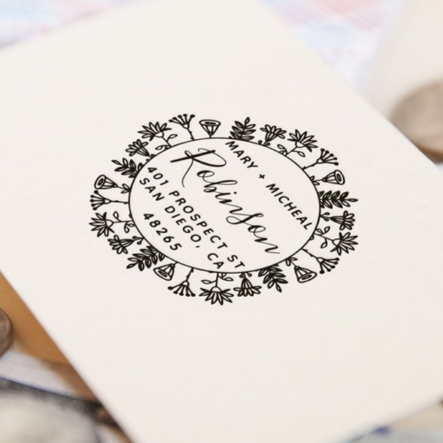 Tampons Encreurs Couple Mariage Adresse de retour Feuilles élégants (Créateur téléchargé)