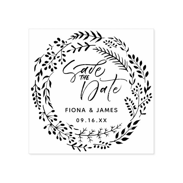 Tampons Encreurs Couronne de feuillage pinceau script save the date (Impression)