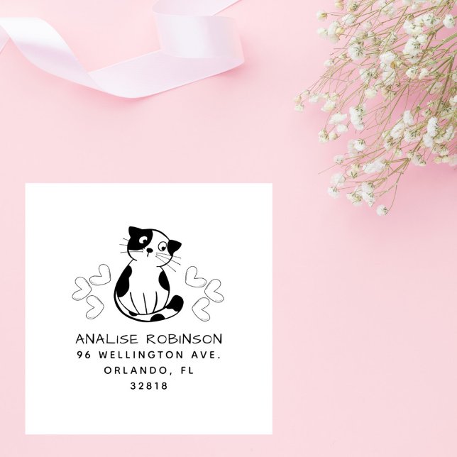 Tampons Encreurs Cute Chat & Coeurs Adresse de retour personnalisée (Créateur téléchargé)