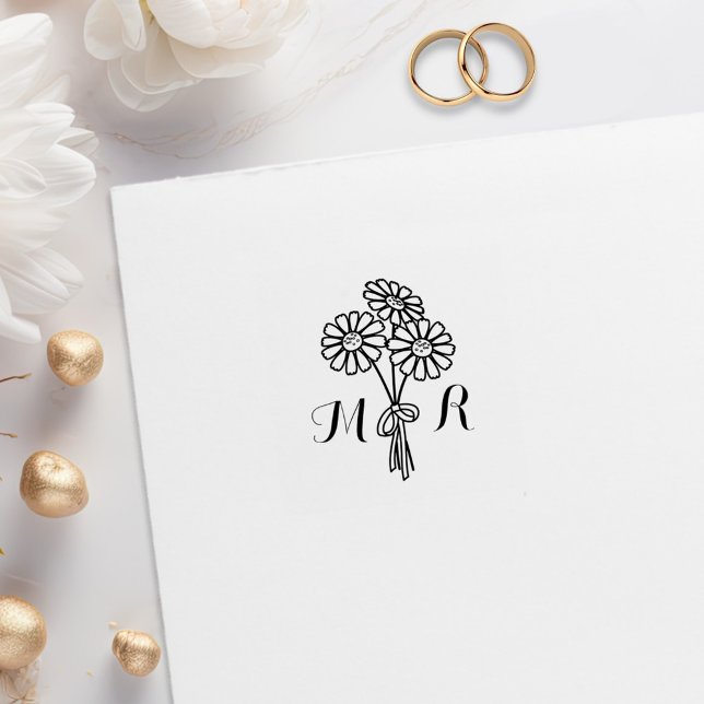 Tampons Encreurs Élégant floral blanc marguerites Monogram Mariage (Créateur téléchargé)
