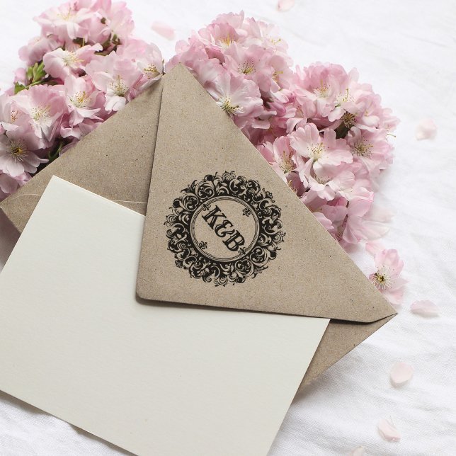 Tampons Encreurs Élégant Monogramme personnalisé Mariage rond Timbr (elegant monogram stamp with initials)