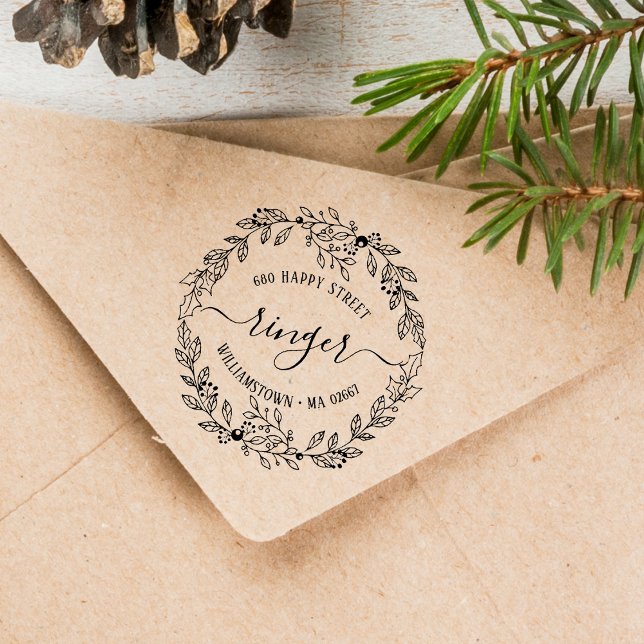Tampons Encreurs Élégant Noël Floral Wreath Adresse (Elegant Christmas Floral Wreath Address Rubber Stamp)