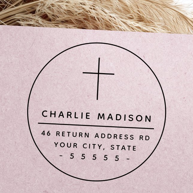 Tampons Encreurs Elégante structure transversale Christian adresse  (Elegant cross round frame Christian return address Rubber Stamp)