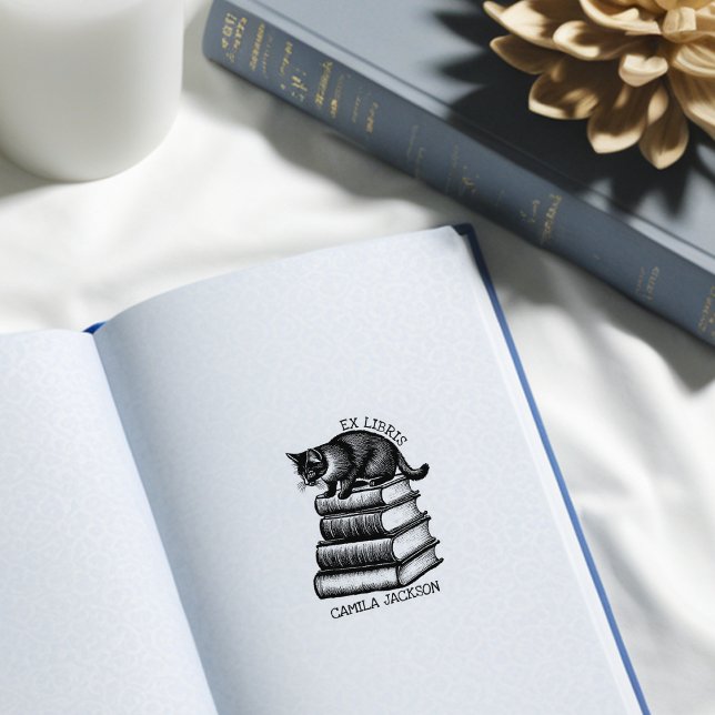 Tampons Encreurs Ex Libris personnalisé, étiquette de livre chat vi (Créateur téléchargé)