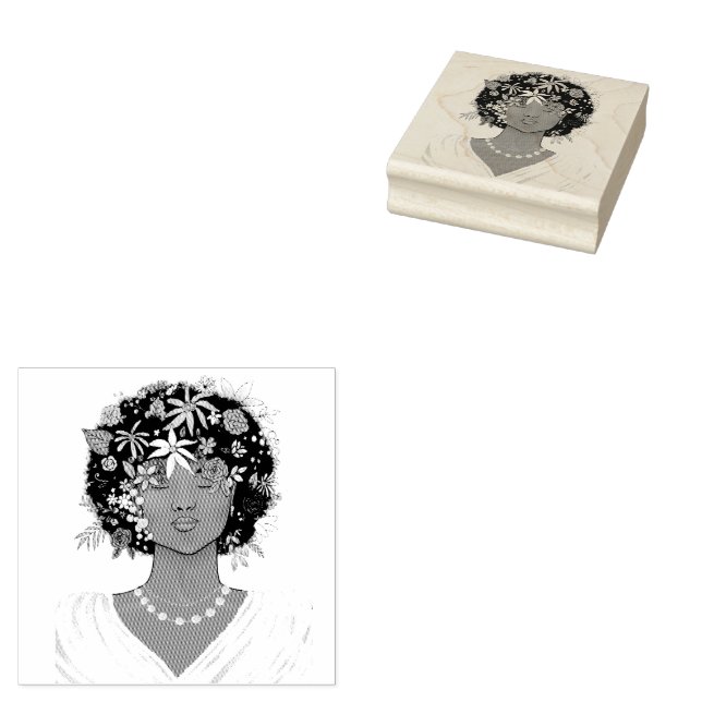 Tampons Encreurs Femme avec un afro à fleurs (Tamponné)