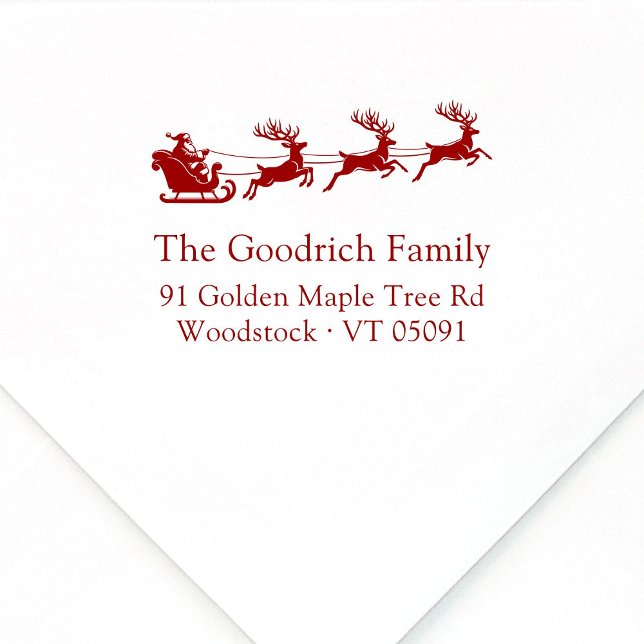 Tampons Encreurs Festiant Elegant Père Noël Sleigh Adresse de retou (Elegant, festive Santa's reindeer sleigh wooden Christmas return address stamp, classic typography.)