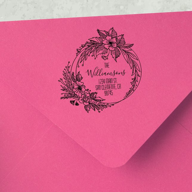 Tampons Encreurs Floral Wreath Script Family Adresse de retour (Créateur téléchargé)