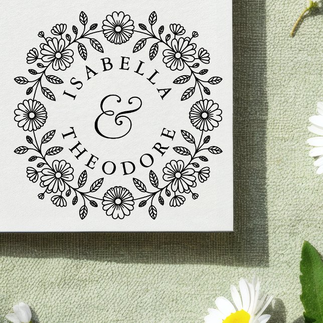 Tampons Encreurs Floral Wreath Wooden Couple's Name Stamp (Créateur téléchargé)
