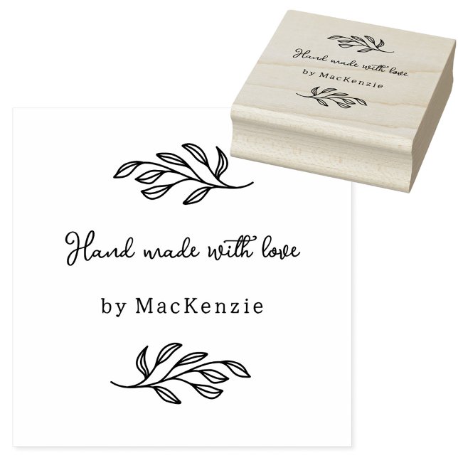 Tampons Encreurs Hand Made With Love Botanical Line Art Custom Name (Hand Made with Love custom name botanical leaf line art small business maker rubber stamp)