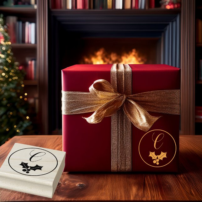 Tampons Encreurs Holly and Berries Christmas Holiday Monogram (Elegant Holly and Berries Christmas Holiday Monogram Rubber Stamp (shown with gold ink))