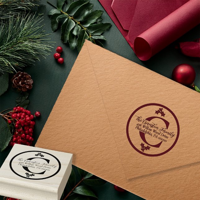 Tampons Encreurs Holly and Berries Christmas Holiday Monogram (Elegant Holly and Berries Christmas Holiday Monogram and Return Address Rubber Stamp)