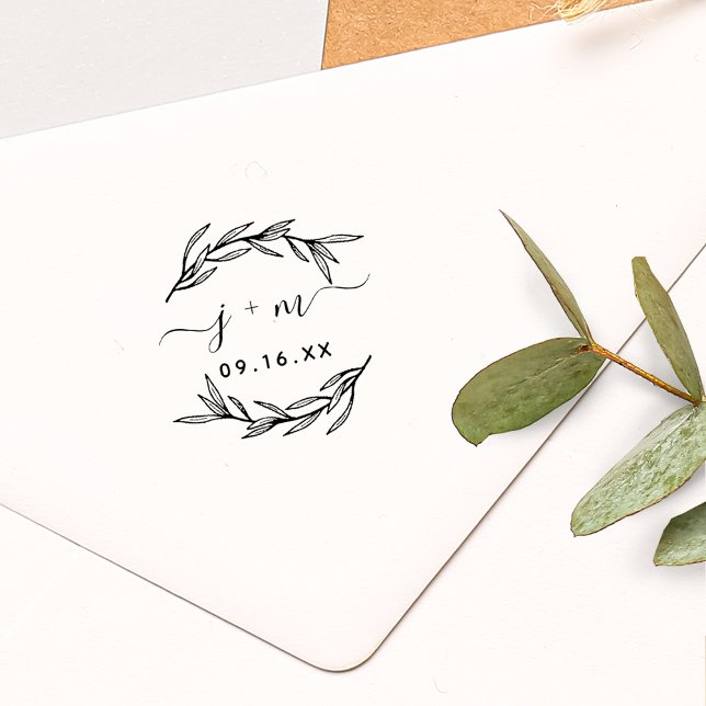 Tampons Encreurs Initiales de script de feuilles de laurier Mariage (Laurel Leaves Script Initials Wedding Rubber Stamp)