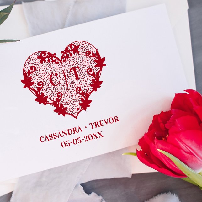 Tampons Encreurs Initials Sophisticated Wedding Lace Floral Heart (Créateur téléchargé)