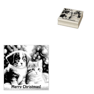 Tampons Encreurs Joli chiot et chat sous l'arbre de Noël