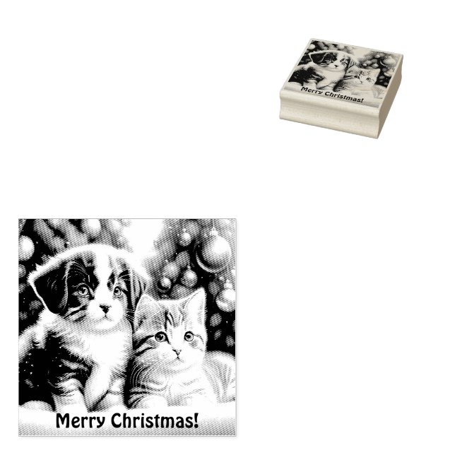 Tampons Encreurs Joli chiot et chat sous l'arbre de Noël (Tamponné)