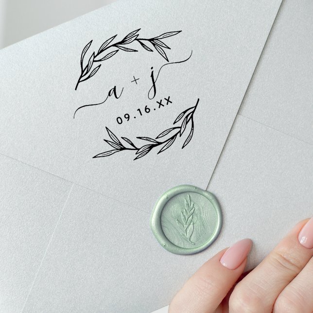 Tampons Encreurs Laurel Leaf Couples Monogramme Enregistrer La Date (Laurel Leaf Script Couples Monogram Save The Date Rubber Stamp)