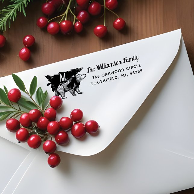 Tampons Encreurs Monogramme de livraison de l'ours polaire de style (Vintage Style Polar Bear Tree Delivery Monogram Rubber Stamp)