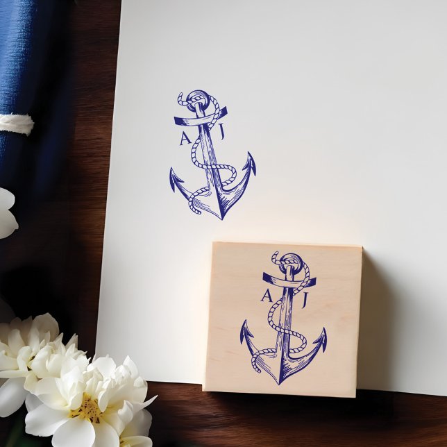 Tampons Encreurs Monogramme nautique vintage Ancre et corde du navi (Vintage Ship Anchor & Rope Nautical Monogram Rubber Stamp)