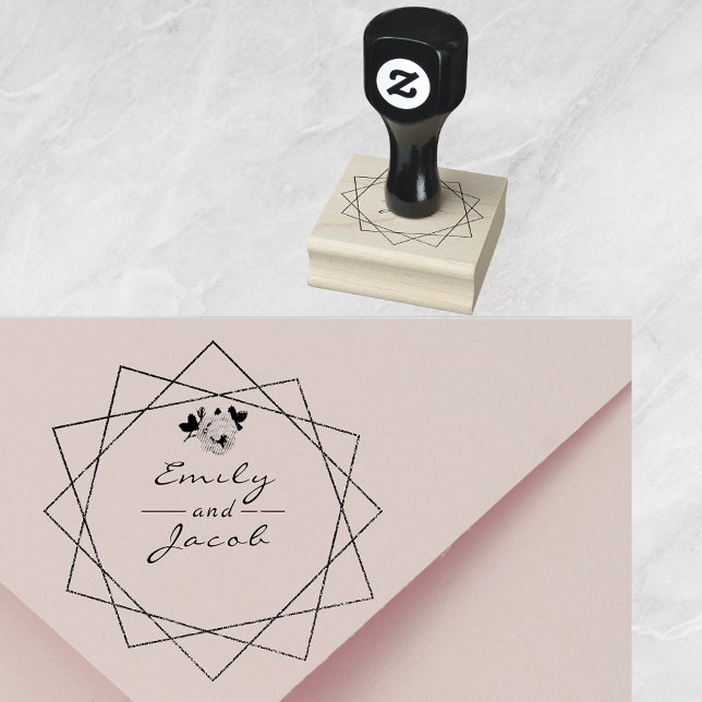 Tampons Encreurs Noms de couple mariage Art géométrique floral (Wedding Couple Names Floral Geometric Art Rubber Stamp)