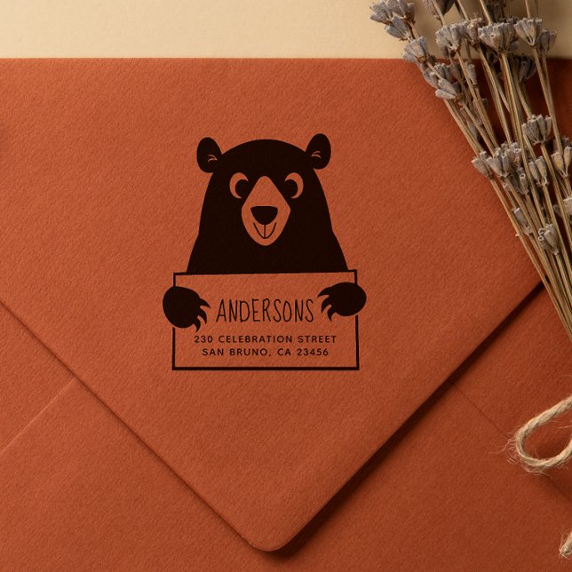 Tampons Encreurs Ours mignon | Nom de famille personnalisé et adres (Rubber Stamp Mock-up)