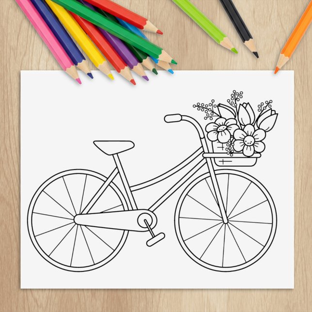 Tampons Encreurs Page de coloriage de bicyclette avec panier de fle (Créateur téléchargé)