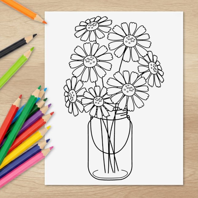 Tampons Encreurs Page de coloriage Mason Jar Daisy Fleurs (Créateur téléchargé)