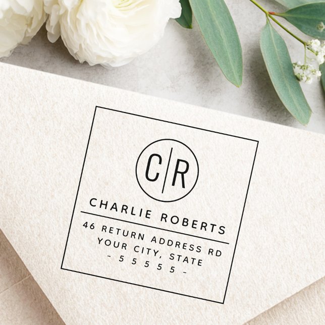 Tampons Encreurs Paraphes Monogrammes adresse de retour minimale mo (Monogram initials modern minimal return address rubber stamp)