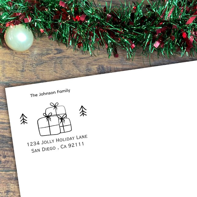 Tampons Encreurs Présents et PIne Arbres DOodle Wood Art Stamp (Imprint of stamp viewed on white envelope .)