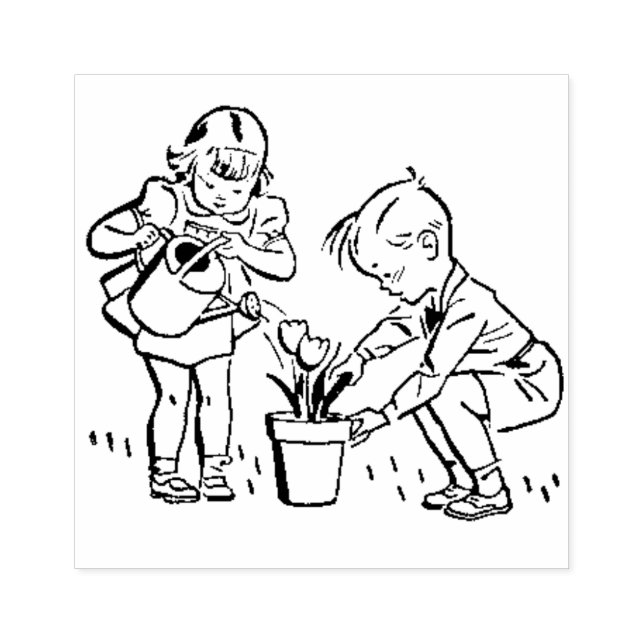 Tampons Encreurs Retro 1950 Enfants plantant des fleurs mignonnes (Impression)