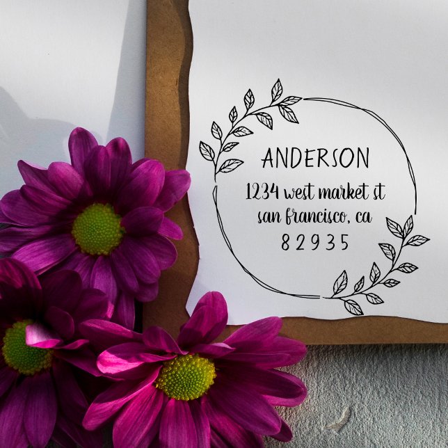 Tampons Encreurs Rond Feuilles dessinés à la main Adresse de retour (Créateur téléchargé)