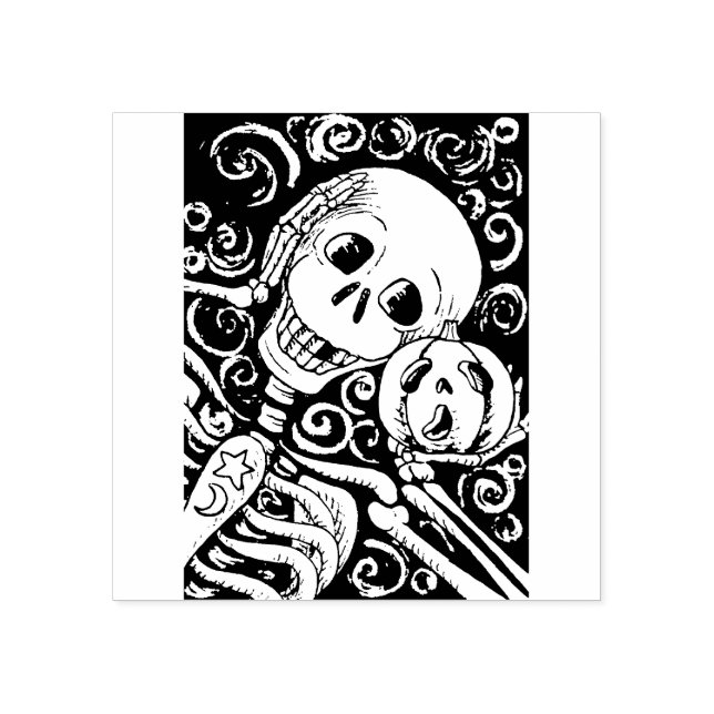 TAMPONS ENCREURS SKELETON SOURIANTE ET SA JACK-O'-LANTERN, HALLOWEE (Impression)