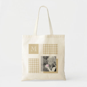 Tan Add your Foto Gingham Modern Brown Monogram Tragetasche