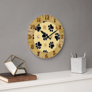 Tan and black paw print on gold background #3 große wanduhr